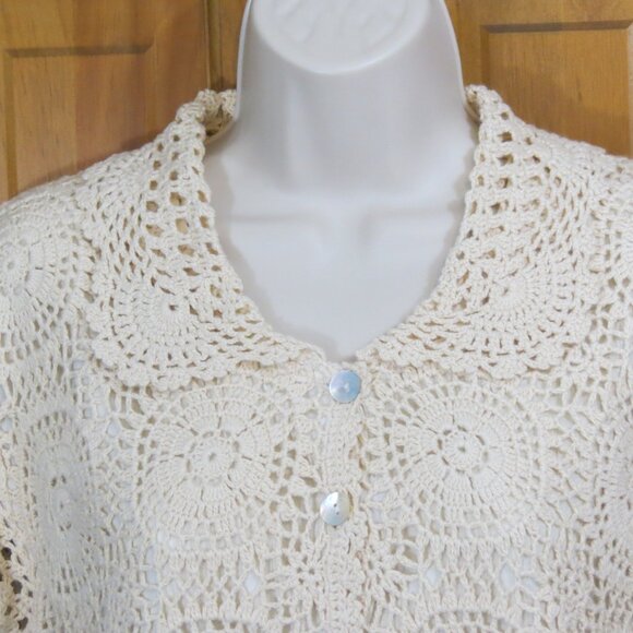 VTG Faith Mountain Cream Crochet Lace Sweater Top Lined Button Short Sleeve L - Picture 2 of 11